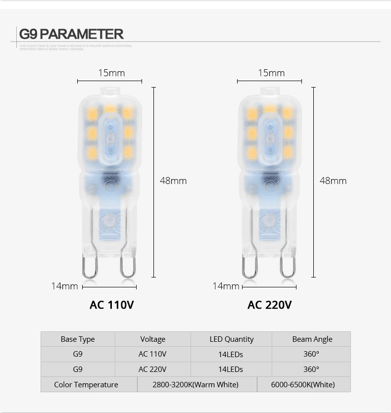 Description Picture 2 of item5/ 10pcs Mini G4 G9 LED bulb 3W 5W COB LED Bulb led lamp DC12V AC 220V 110V Corn Lights replace Halogen Spotlight Chandelier