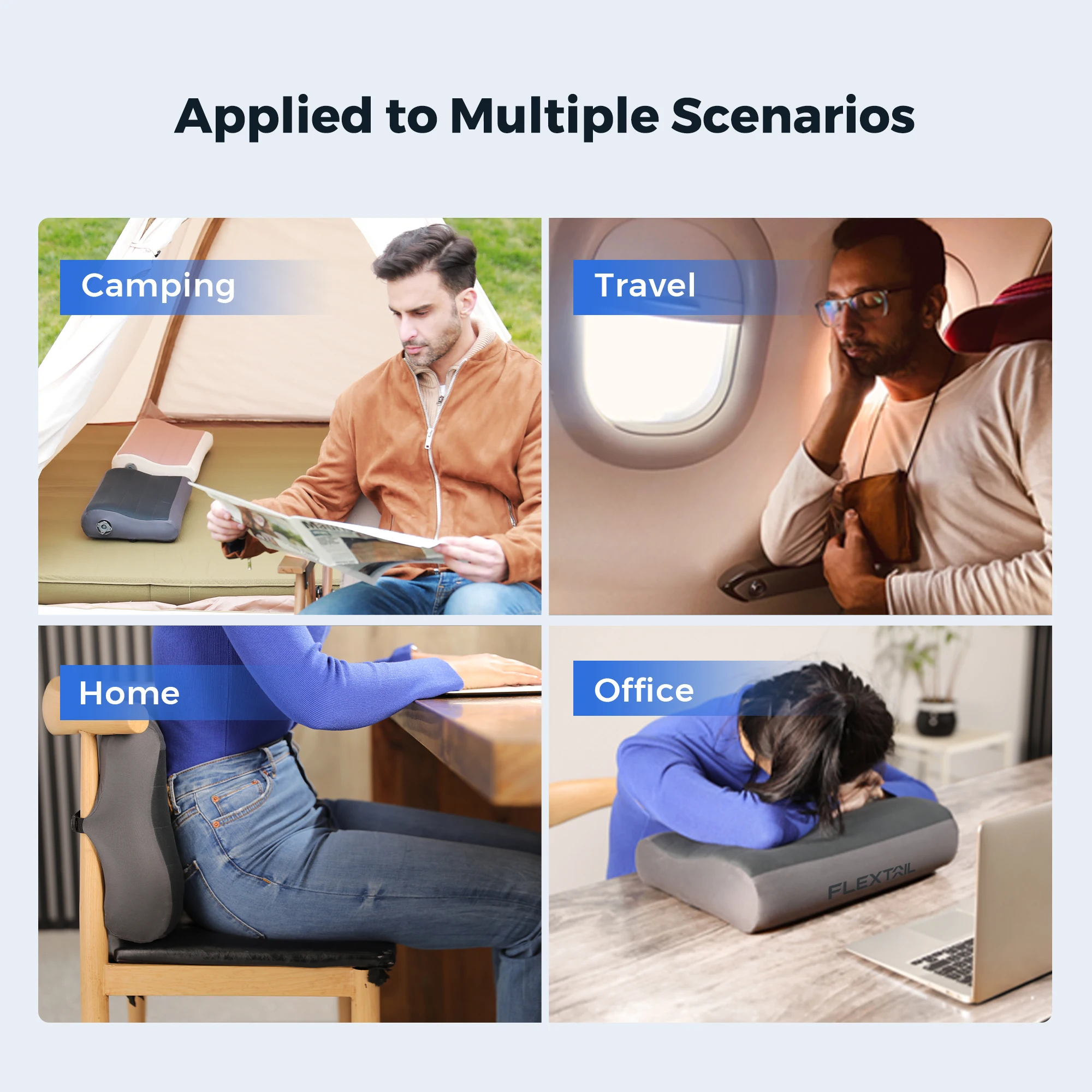 FLEXTAIL ZERO PILLOW - כרית מתנפחת ארגונומית עם תמיכה כפולה לנסיעות ולבית, קלת משקל, ניתנת לכביסה, שקטה במיוחד