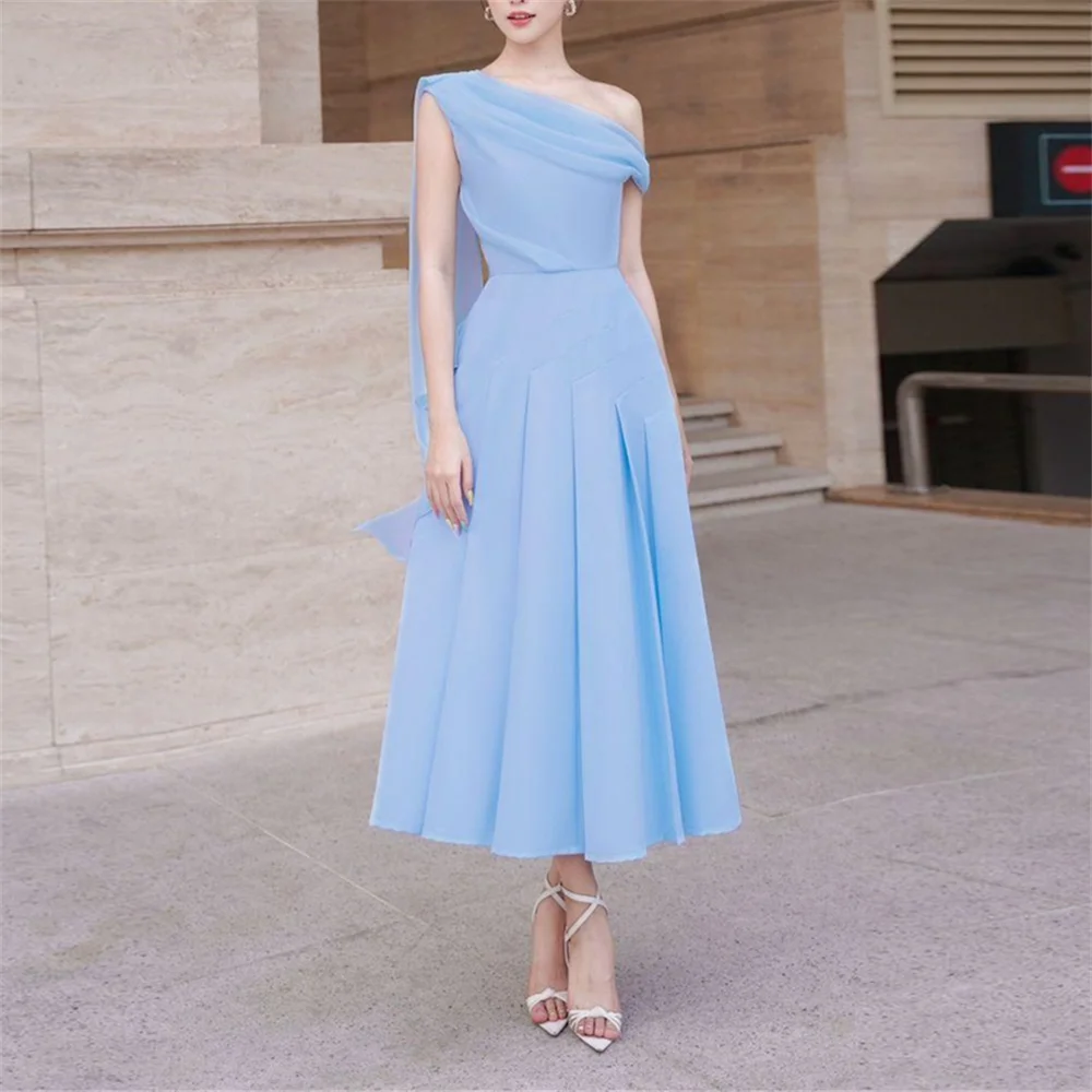 

Muloong Gorgeous Dubai Bridal Gown Sky Blue Ladies Off Shoulder Formal Occasion Evening Gown Tea Length Pleated Dress