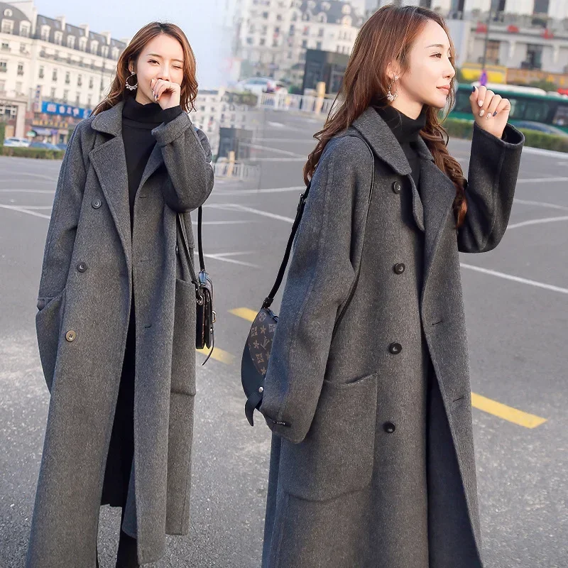 

Women Turn Down Collar Thick Wool Knee Length Coats Full Sleeve Double Breasted Cardigan Splice Blends 2023 Autumn Winter