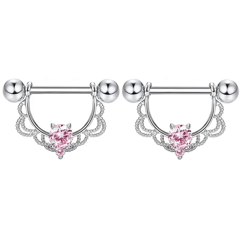 Pink Heart Crystal Flower Nipple Jewelry Set - Shiny Barbell Collection