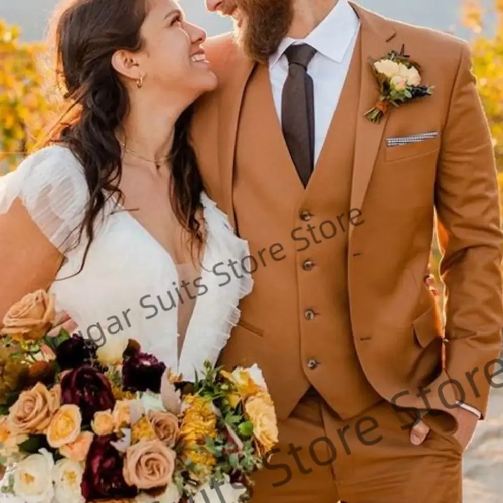 

Brown 3Pcs Jacket Pants Slim Fit Fashion Men‘s Suits Cutsom Groom Wedding Tuxedo Prom Party Wear Tailor Made Blazer Trousers