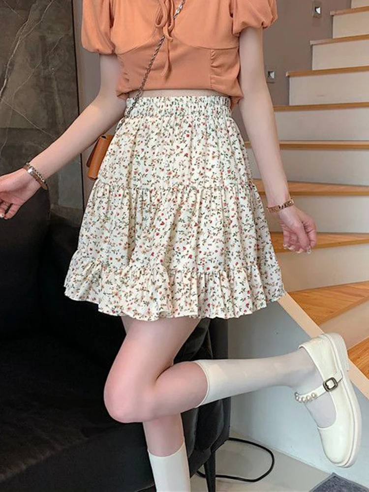 

Floral Skirt Korean Women Ruffles Sweet A Line Mini Skirt Elegant Preppy Style Summer Casual Fashion Female Dance Skirt