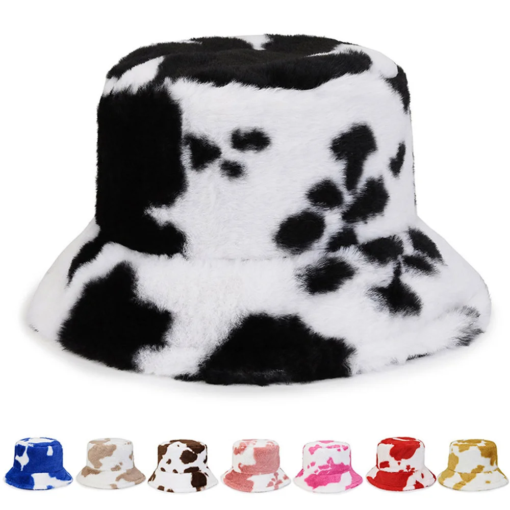 

Women Bucket Hat Autumn And Winter Warm Cow Print Plush Fashion Panama Casual Hats For Ladies Fisherman Caps