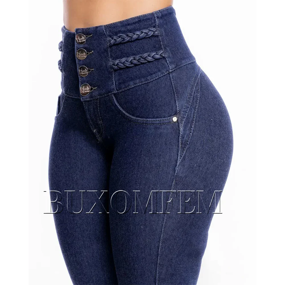 Mode Hoge Taille Sexy Skinny Stretch Jeans Voor Vrouwen Knoop Fly Rechte Kokerbroek Rechte Pijpen Wikkel Heupen Dagelijkse Broek