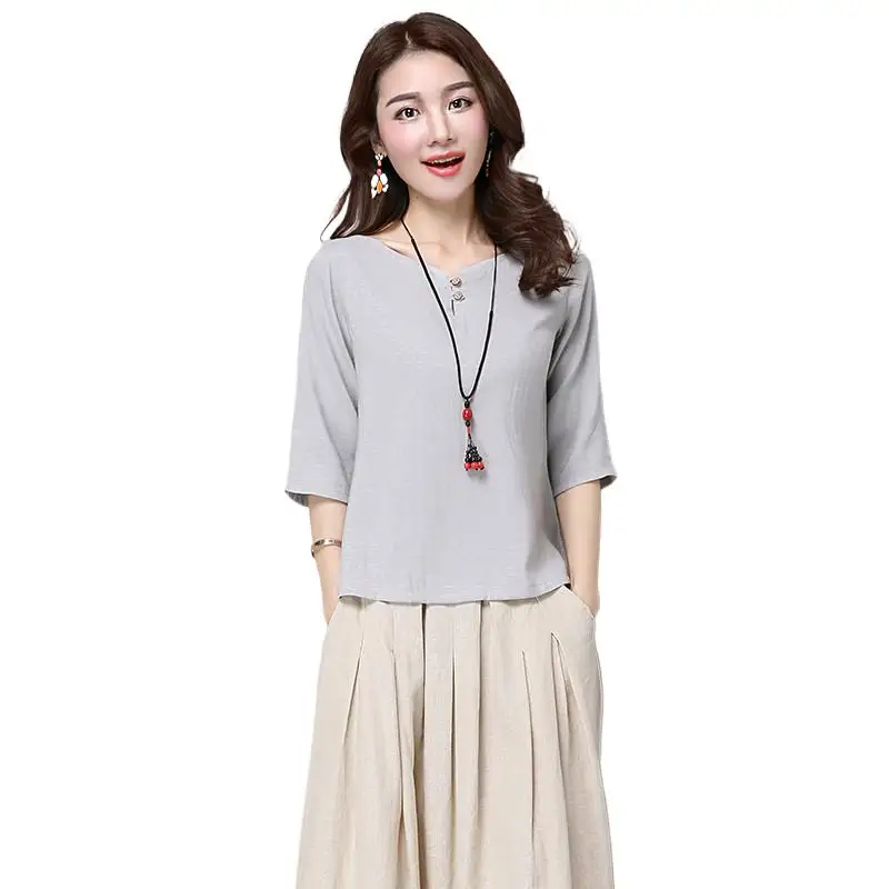 

Woman New 2023 Cotton Linen Tops T-shirts Casual Slim V-neck Solid Shirts Elegant Ladies Autumn Summer roupas femininas t shirts