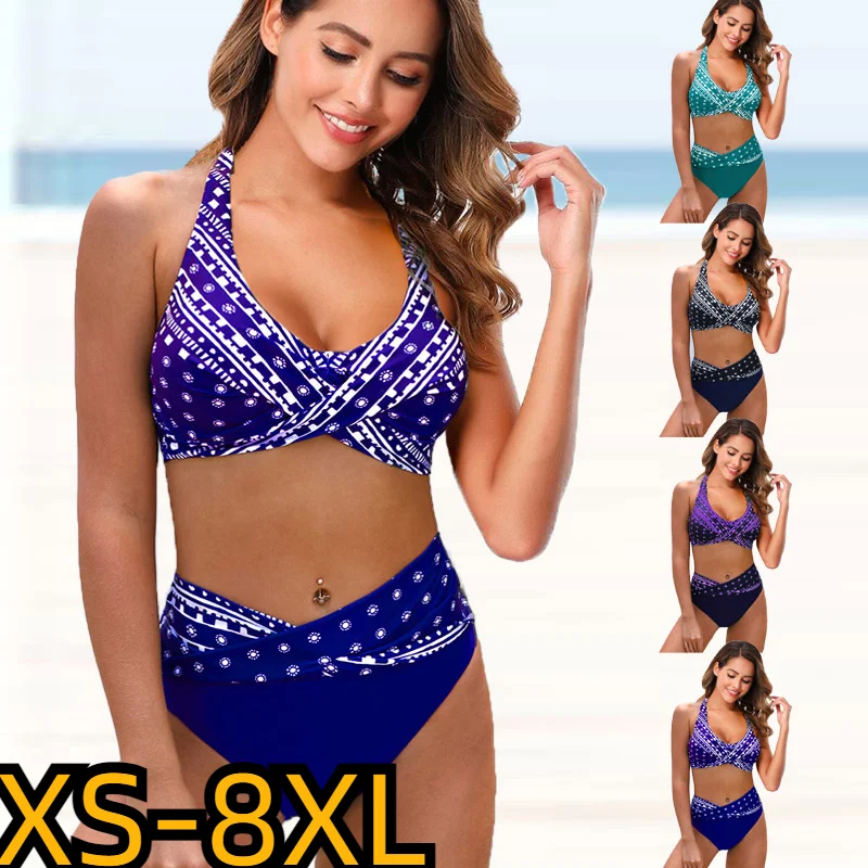 

2022 High-Waist Bikini Fashion Retro Print Swimsuit Women Sexy Print Two Pieces Swimwear Female Summer Loose Beach Bathing Suit