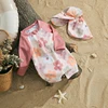 Toddler Girls Boys Beach Wear Kids Swimwear Summer Long Sleeve Floral/Tropical Print Zip Up Bathing Suits with Hat For Swimsuit 2