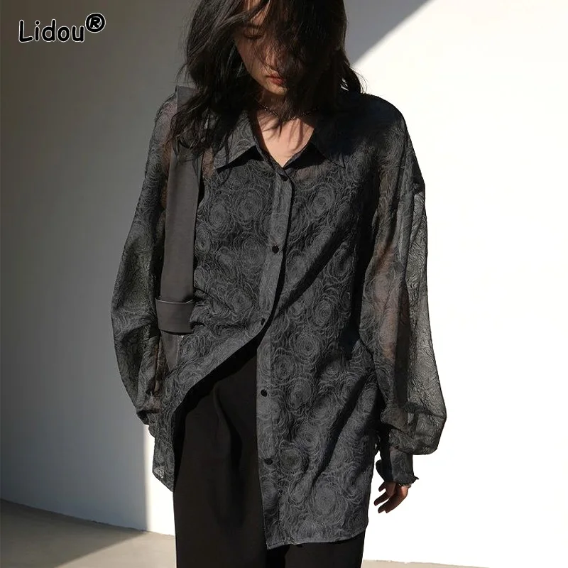 Three-dimensional Decoration Printing Streetwear Mid-length Shirt Lantern Sleeve Polo-Neck Single Breasted Wild Women's Clothing