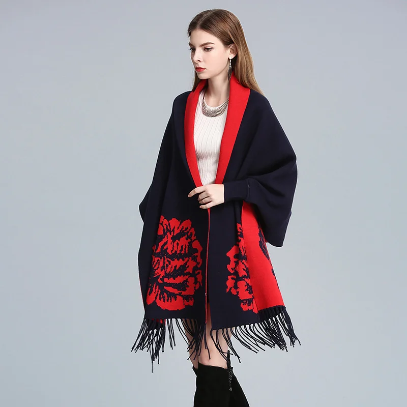

#1214 Kimono Shawls And Wraps Women Knitted Kimono Vintage Asymmetrical Cape Coat Bat Sleeved Loose Outerwear Shawl Tassels