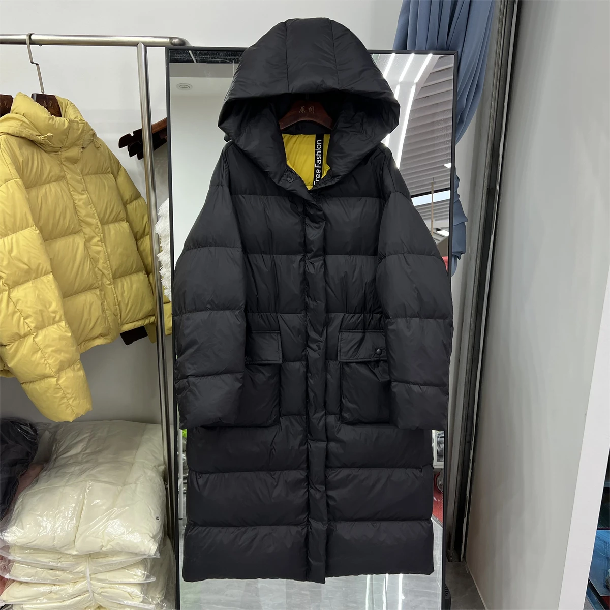 

2023 Autumn Winter New Down Jacket Women Fashion Over-the-knee Hooded Thickened Long Sleeve Casual Warm Loose Big Coat L255