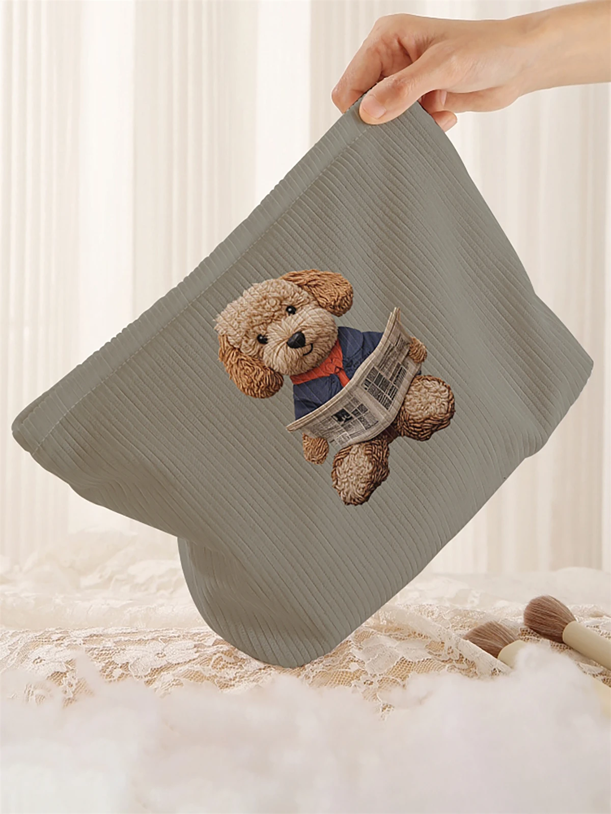 1 cartoon dog pattern printed corduroy makeup bag, lightweight zipper makeup storage box, multifunctional bag with lining