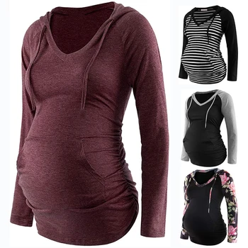Women Maternity Hoodies Striped Print Long Sleeve V-neck Hoodie Sweatshirts Top Mom Pregnant Nursing Autumn And Winter Clothes