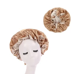 European and American Popular Double-Layer Nightcap Double-Sided Satin Lace Thermal Heat Cap Wooden Ear Nightcap Satin Bonnet