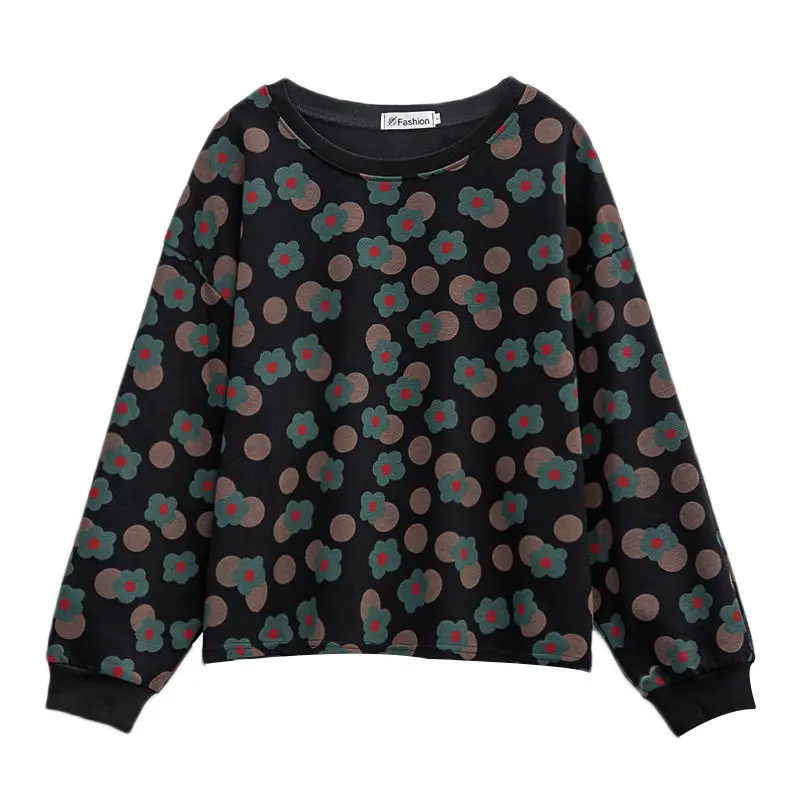 Women's Clothing Autumn and Winter Small Flower Printing Pullover Tops Korean Crew Neck Loose-fitting Long Sleeve Sweatshirts