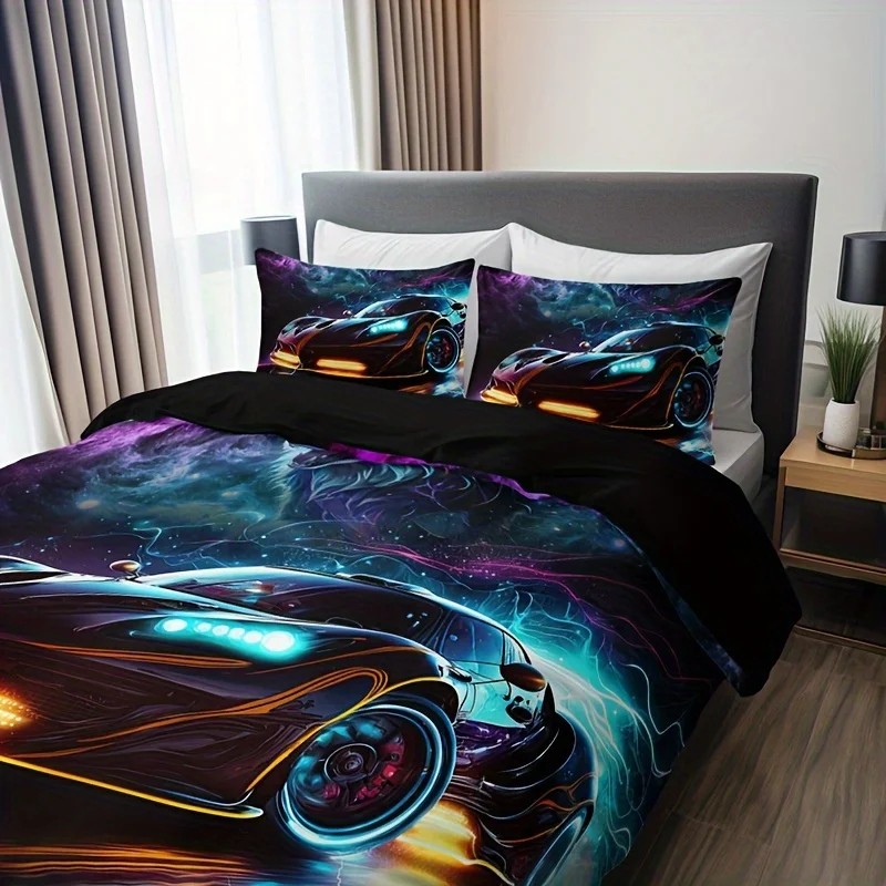 3pcs 3D Wolf Super Car Duvet Cover Set With 2 Pillowcases (No Inserts), High-Definition Print Bedding For Home & Dorm Decor