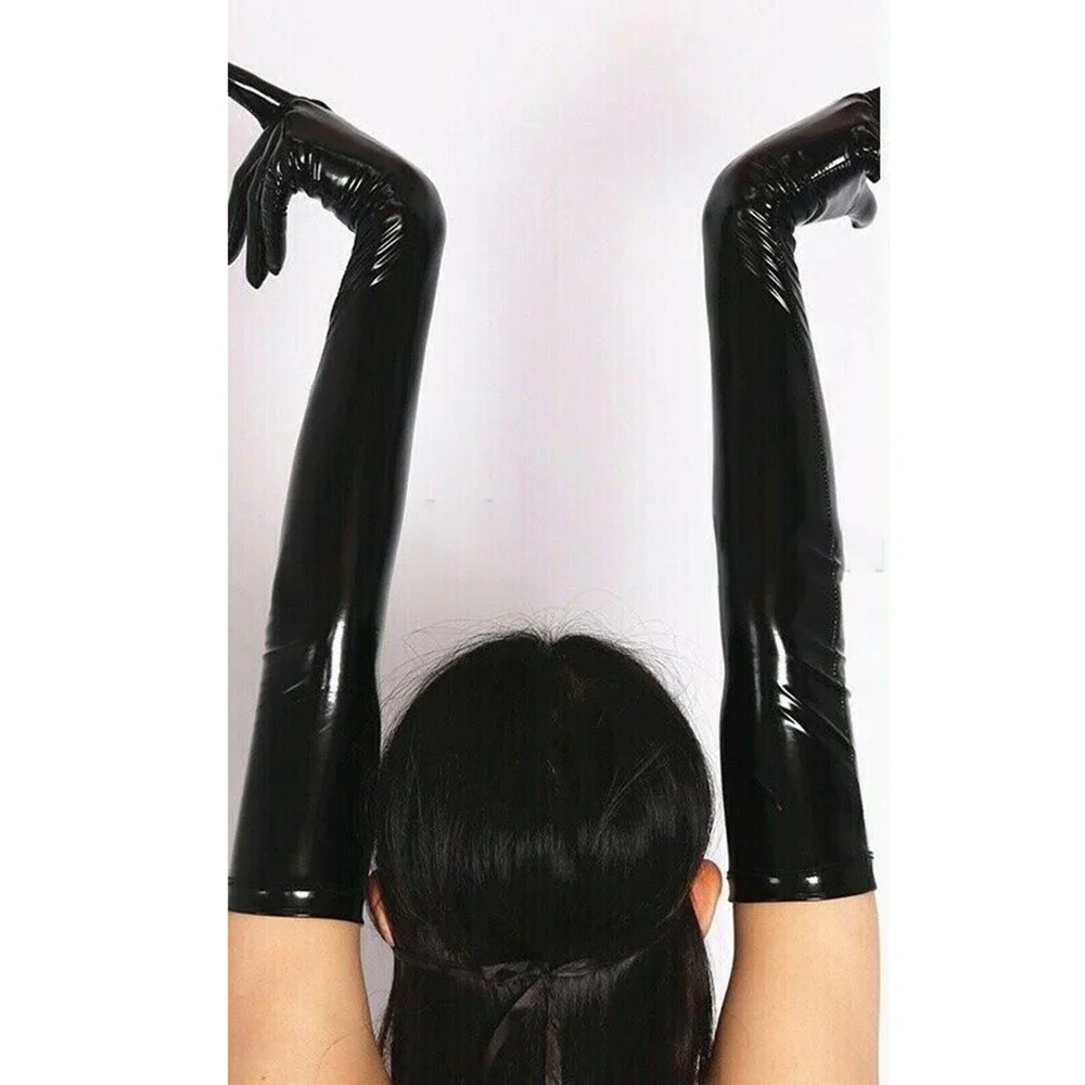 Sexy Unisex Solid Black Faux Leather Long Gloves Wet Look Latex Party
