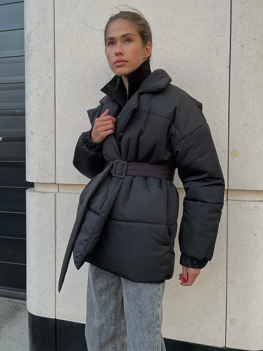 Winter Lace-Up Pocket Parkas Outwear Female V-Neck Loose Long Sleeve Fashion High Waist Bandage Coat Ladies Solid Outwear