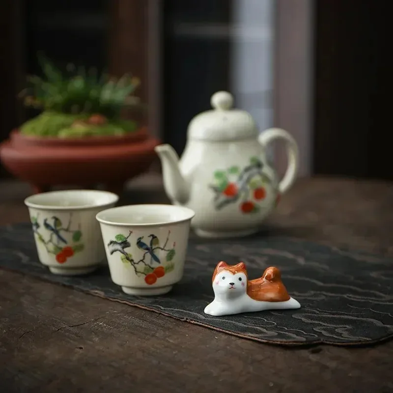 Japanese Style Underglaze Ceramic Cute Dog Chopstick Holder Tableware Restaurant Simple Oval Spoon Bracket Utensil for Kitchen