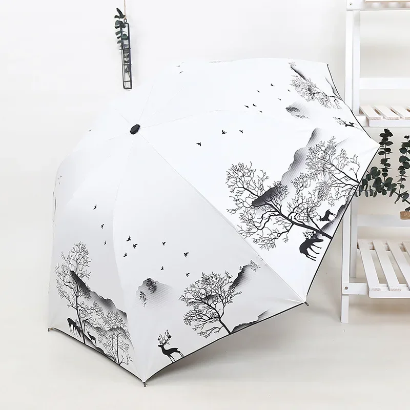 Ink Painting Umbrella ANTI-UV Foldable Umbrella Rain Women Chinese Style Windproof Fashion Umbrellas Female Gift