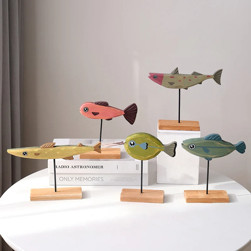 Nordic Wooden Fish Statue Creative Living Room Bedroom Dining Room Home Art Figurine Luxury Decoration Book Nook Ornament Gifts