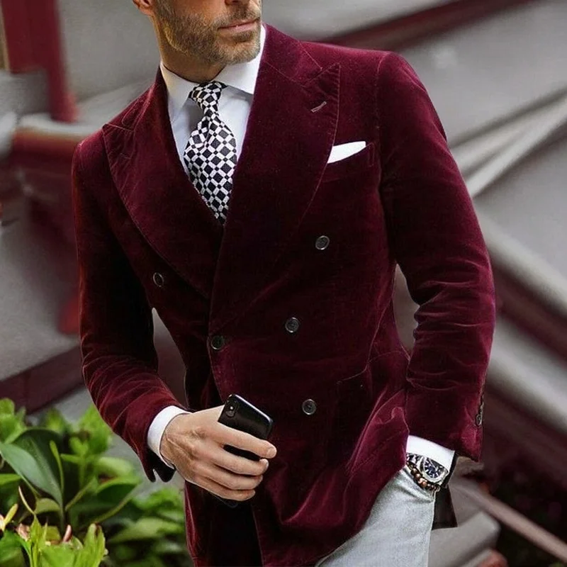 Mens Blazer Mens Burgundy Double Breasted Velvet Blazer Elegant Coat Smoking Suit Jacket Fashion Dinner Coat In Stock