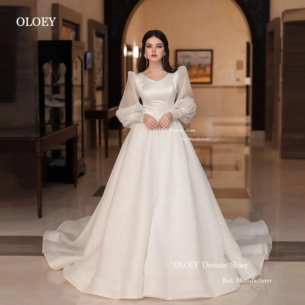 

OLOEY Modest Simple A Line Wedding Dresses Classic Long Sleeves Buttons V Neck Satin Dubai Arabic Bridal Gowns Robe de mariage