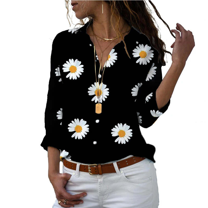 Женская одежда больших размеров в европейском и американском стиле, с изображениями на заказ, модная рубашка с отложным воротником и длинными рукавами с цветочным принтом, stylis