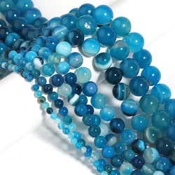 Natural Stone Round Beads - Tiger Eye, Amethyst, Agate, Jade for Jewelry Making & DIY Projects (Blue striped agate)