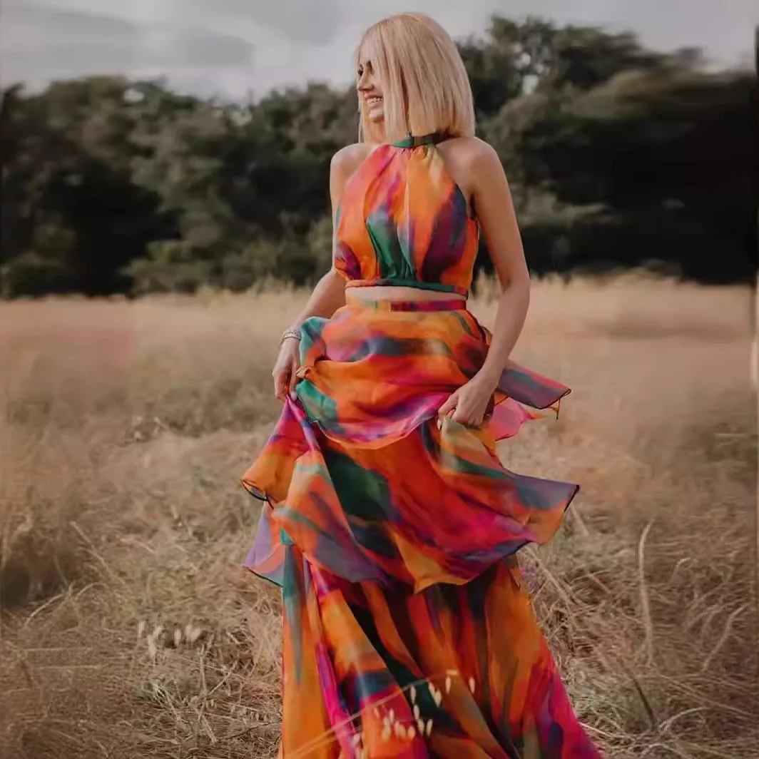 

Summer Women's Clothes Fashion Rainbow Printing Sleeveless Fitted Waist Bubble Cake Dress Formal Long Loose Maxi