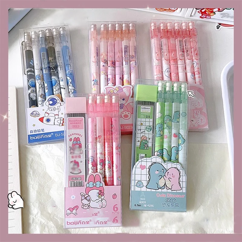 Cute Peach Dinosaur Mechanical Pencils with Refill Leads Erasers Kawaii Automatic Pencils Korean Stationery for School Office automatic inertial dinosaur engineering vehicle 2 in 1 deformation car dinosaur excavator engineering car plastics car model