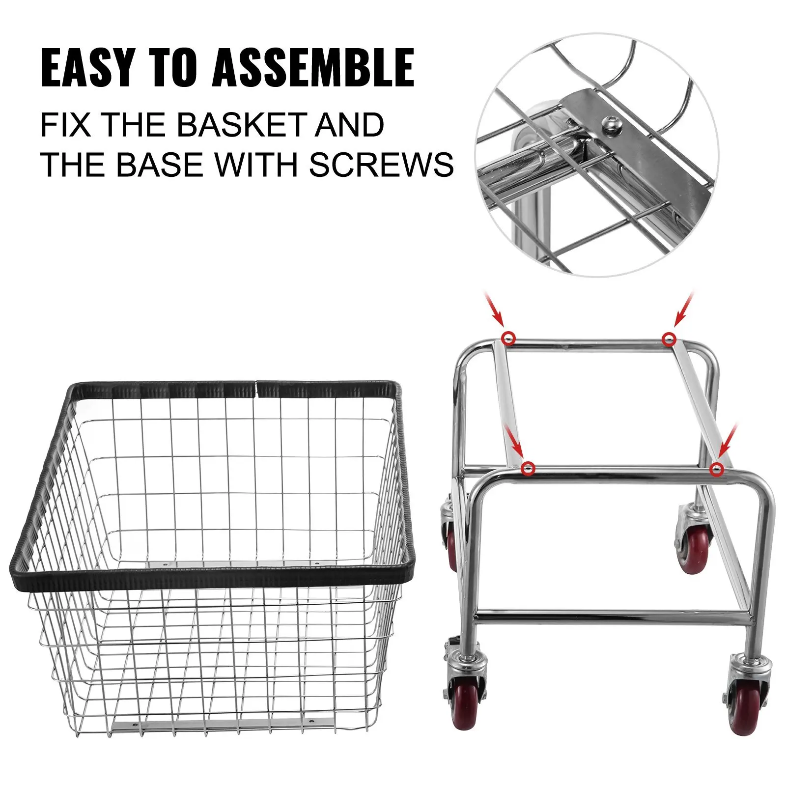 Wire Laundry Cart, 2.5 Bushel Wire Laundry Basket with Wheels, 21''x27''x27.5'' Commercial Wire Laundry Basket Cart, Steel 6
