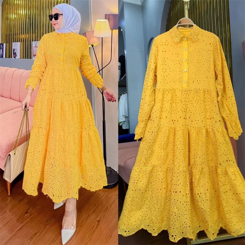 

Embroidered Hollow Lace Dresses Women Fashion Robe Clothing Autumn Long Sleeve Muslim Dubai Islamic Abayas