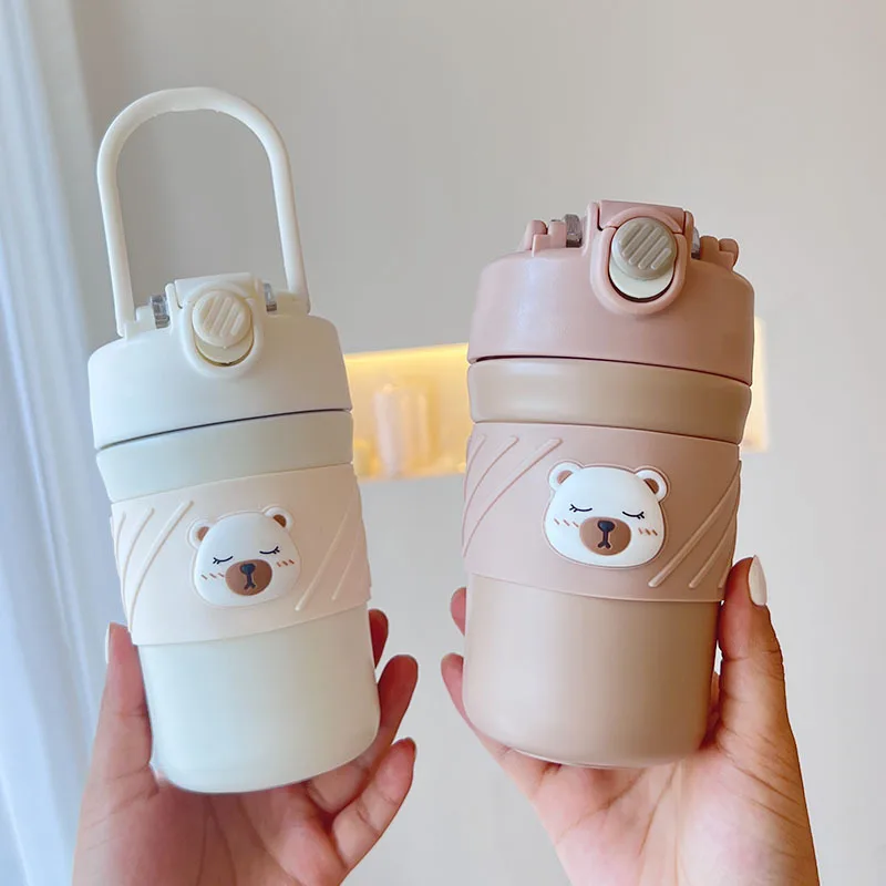 450ml Cute Coffee Thermos Cup Stainless Steel 304 Mug Girls Fashion Coffee Cup with Straw Portable Water with Straw