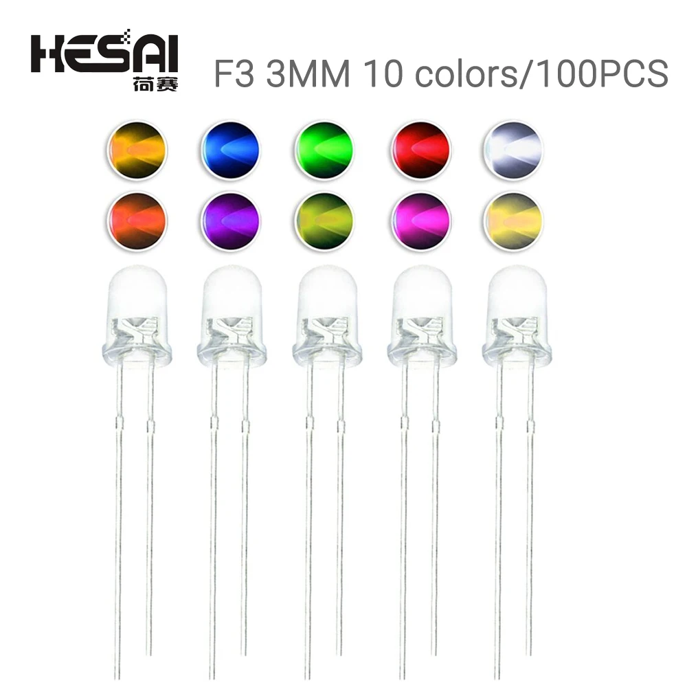100pcs/lot F3 3MM 10 colors Round Green/Yellow/Blue/White/Red/Warm White/Orange/Purple/Pink/Yellow Green LED Light Diode Kit