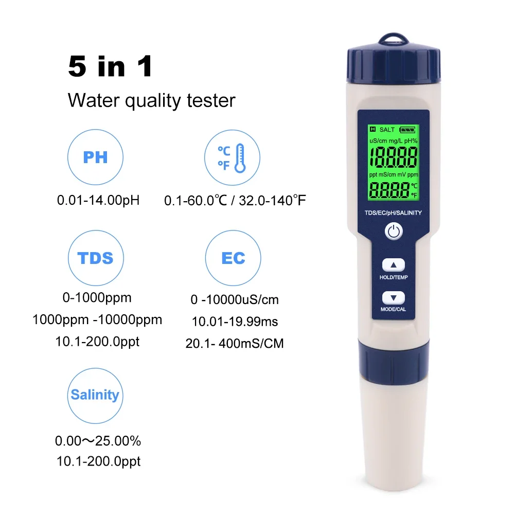Description Picture 2 of item5 in 1 TDS EC PH Salinity Temperature Meter Digital Drinking Water Quality Monitor Tester for Pool Aquarium Analysis Instruments
