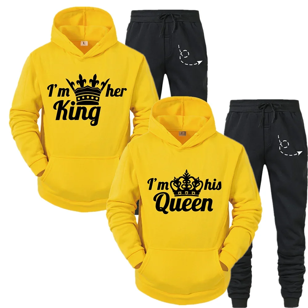 

Couple Hoodies Outfit Suits Lover Her QUEEN or His KING Printed Tracksuits Casual Hooded Sweatshirt + Sweatpants Two Piece Set
