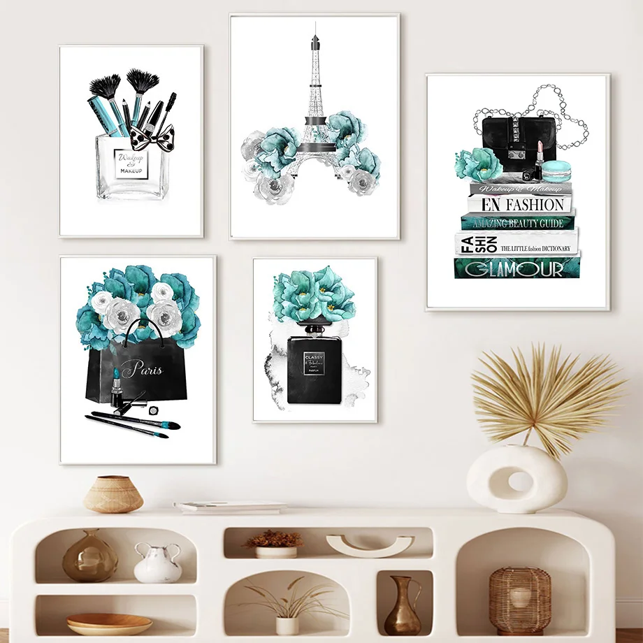 Teal & Black Paris Glam Fashion Canvas Wall Decor: Stylish Art Prints for Bedroom or Living Room