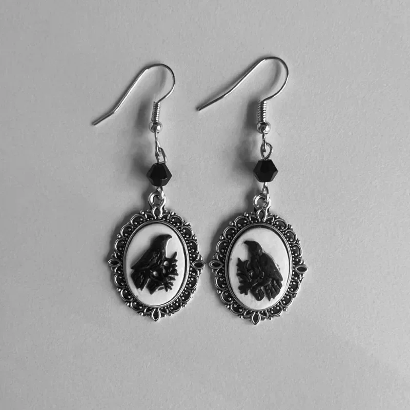 Vintage Gothic White Cat Raven Pattern Drop Earrings Women Punk Silver Color Frame Creative Earrings Party Jewelry Accessories 2