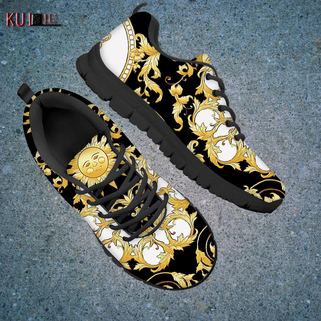 

KUILIU Golden Europe Floral Printed Designer Women Casual Shoes Brand Black Flats Sneakers Female Autumn Footwear Dropshipping