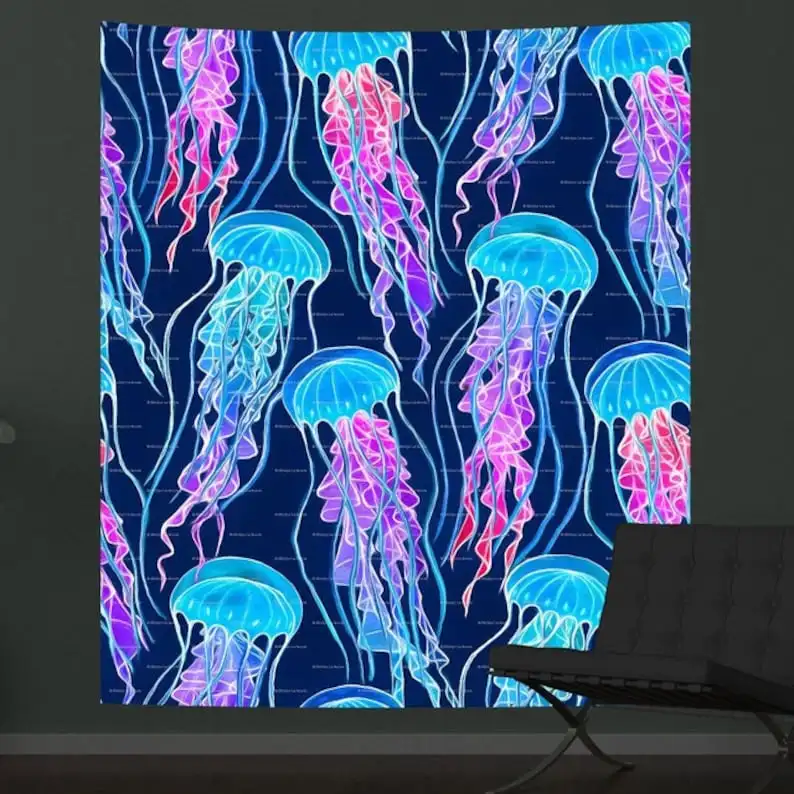 

Jellyfish UV Reactive Tapestry UItraviolet Blacklight Tapestry Wall Hanging Psychedelic Fluorescent Tapesties Home wall Decor