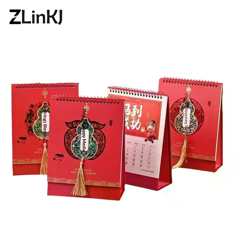 Calendario da tavolo per Capodanno cinese 2026, calendario da tavolo rosso di buon auspicio a tema zucca con nappa, festival tradizionale per l'home office - immagine 5