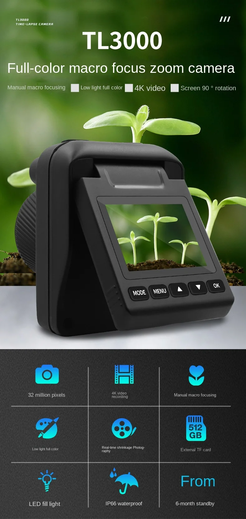 Waterproof Time Lapse Camera Construction Timer Outdoor Courtyard Plant Survey Night Vision Full Color IP66 4K