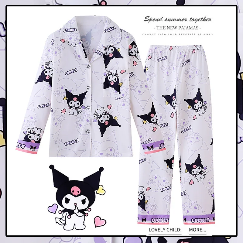 

Kawaii Sanrio My Melody Kuromi Cinnamoroll Детская Пижама с длинным рукавом комплект мультфильмов аниме тонкая Пижама с V-образным вырезом из чистого хлопка Домашняя одежда