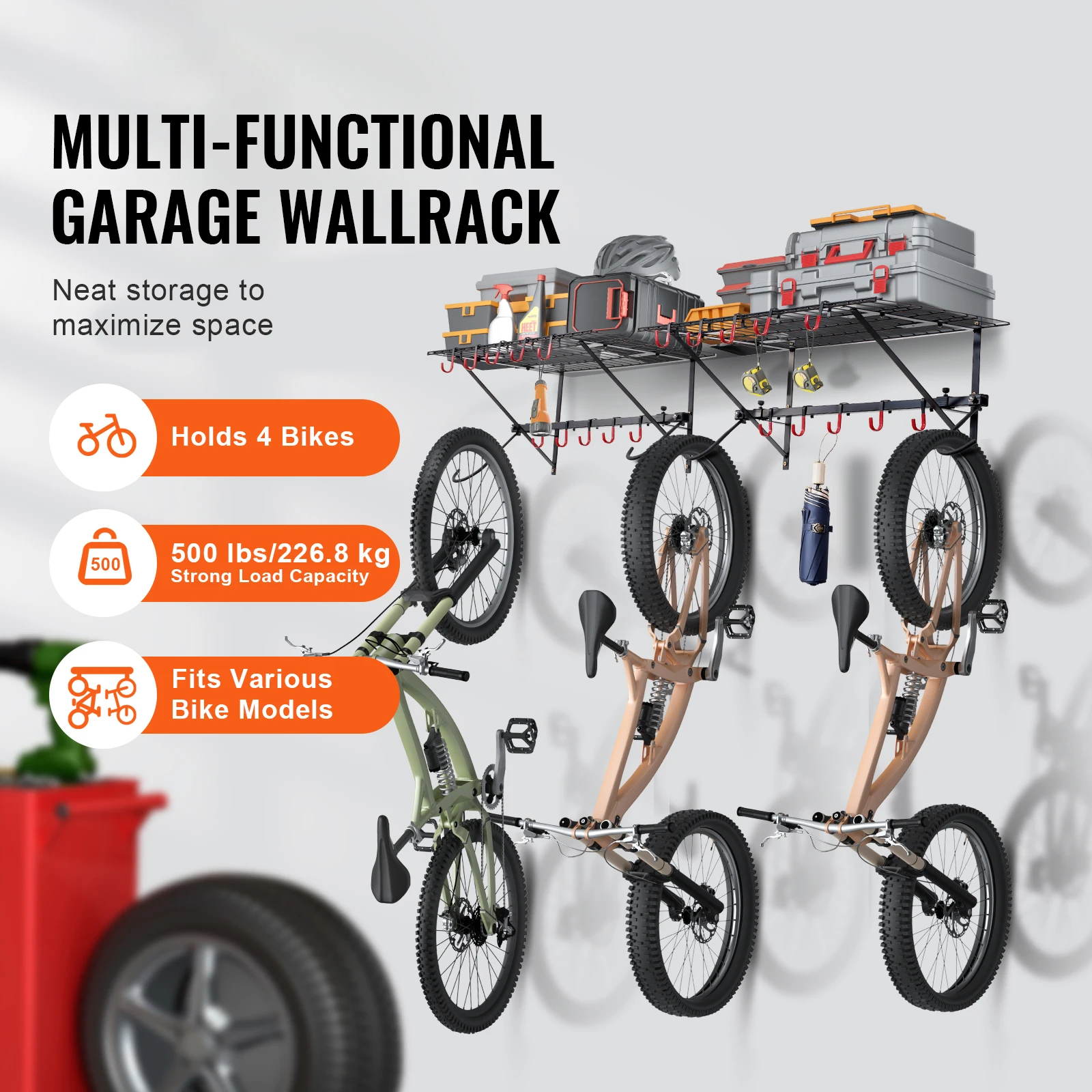 SucceBuy 500 lbs Bike Storage Rack Wall Mount Bike Storage Hanger with 2 Shelves Adjustable Holder for 4 Bike Garage Organizer