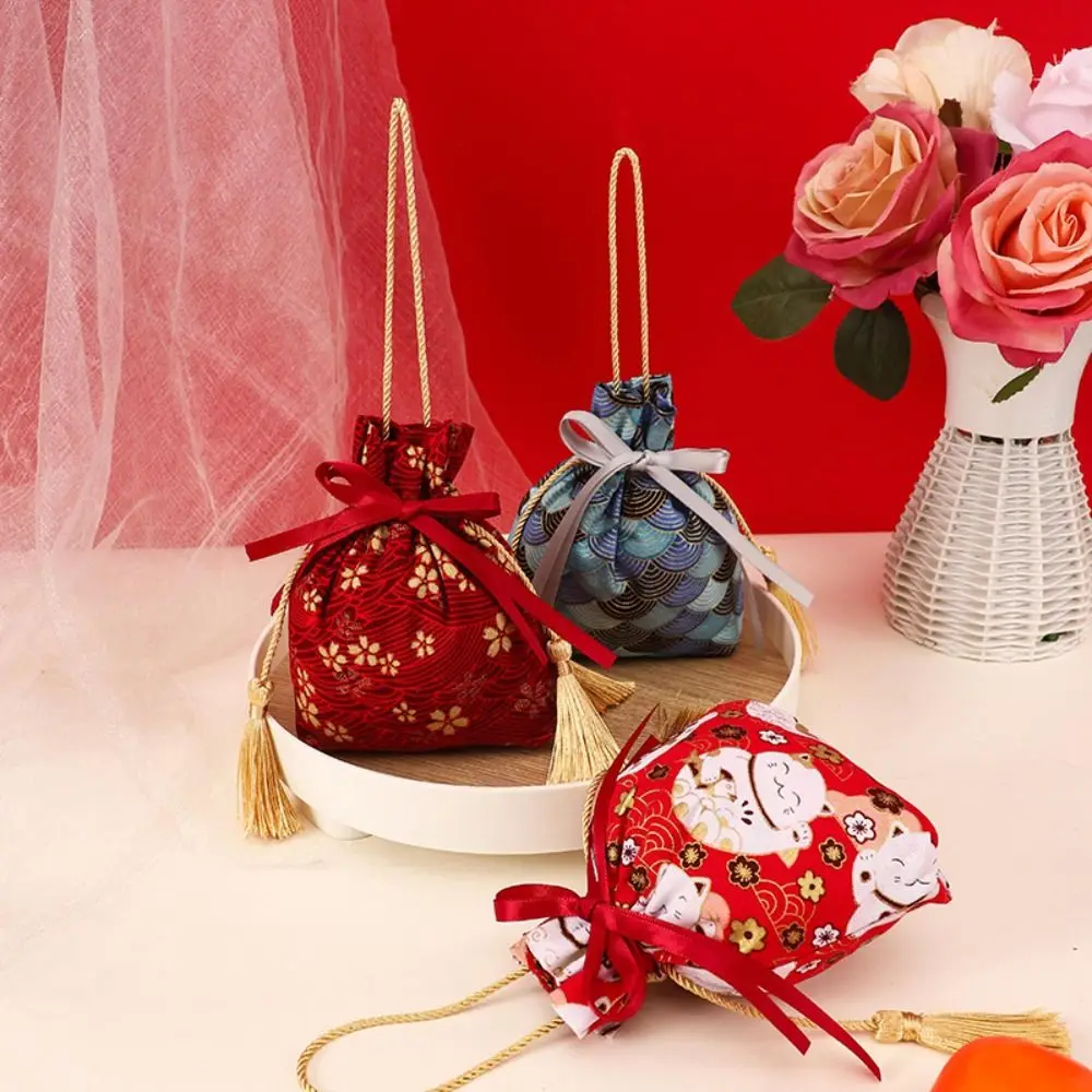 

Сакура, Цветочная Холщовая Сумка на шнурке с цветочным принтом, атласная сумка с бантом и кисточкой в полоску, сумка-мешок, ленточная сумка с бантом на запястье