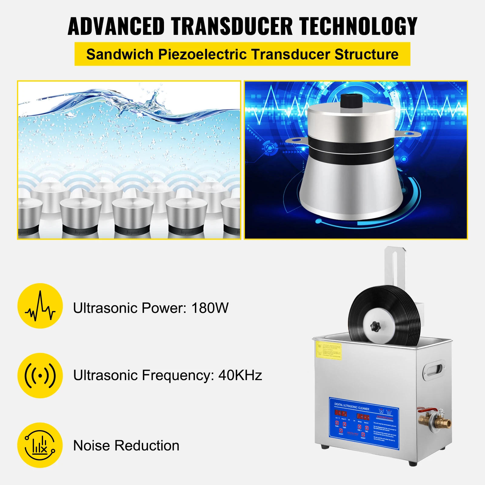 VEVOR Ultrasonic Cleaner 6L Ultrasonic Vinyl Cleaner 7-12 Inch 8 Records 180W Ultrasonic Records Cleaner w/Drying Rack for Home 3