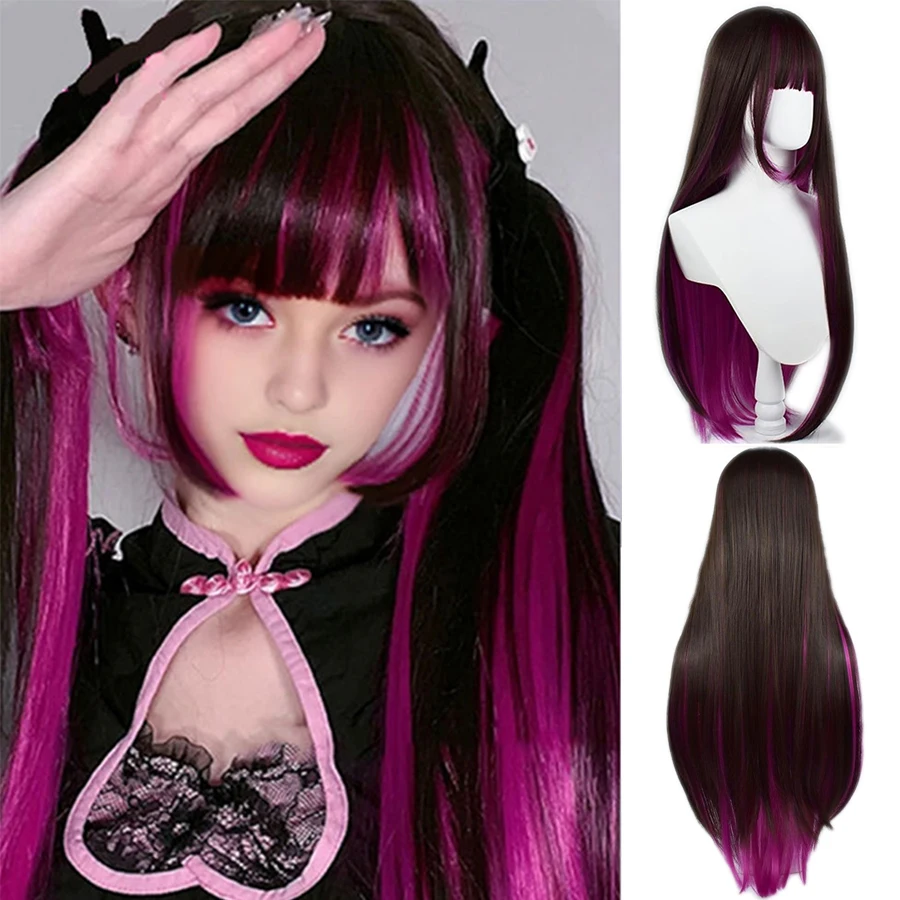 Natural Long Straight Synthetic Black Wig With Bangs Lolita Cosplay Hair Wigs For Women Heat Resistant Fiber Daily Party Wig Fem