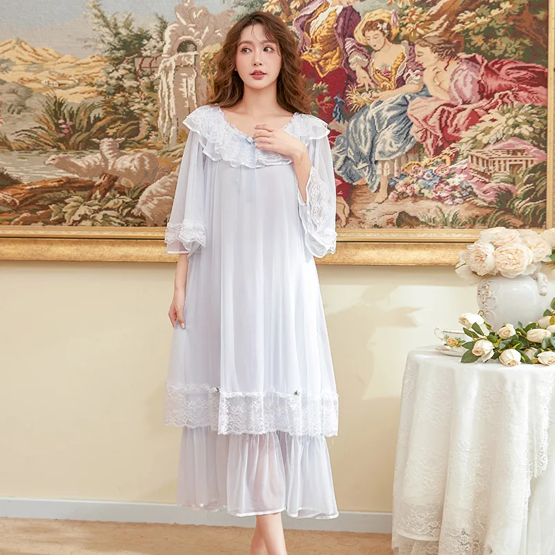 

Palace Style Nighty for Women Pajamas Lace Half Sleeve Round Neck Button Maxi Dress Loungewear Women's Nightdress Sleepdress