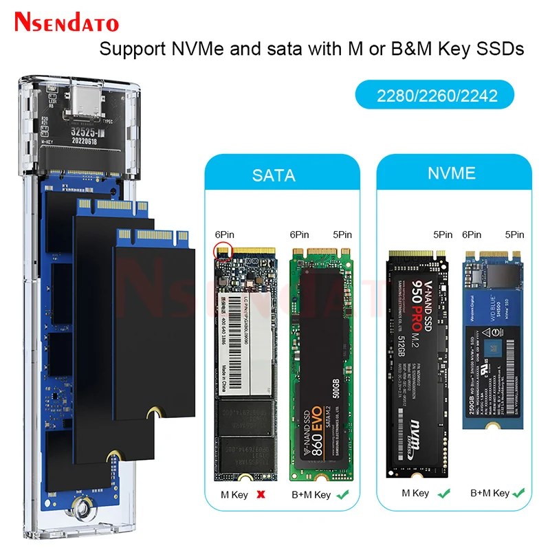 M.2 2280 2260 2242 SSD NVME PCIe NGFF SATA Dual Protocol USB Type C PCI-E M2 SSD External Enclosure Hard Disk Box For M/B+M Key
